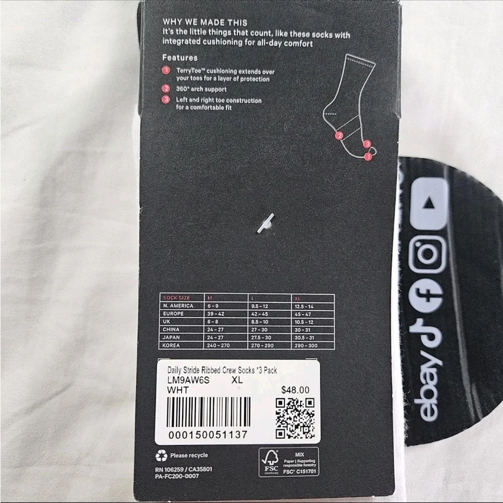 Lululemon Daily Stride Ribbed Crew Sock 3-Pack White LM9AW6S Men's XLarge